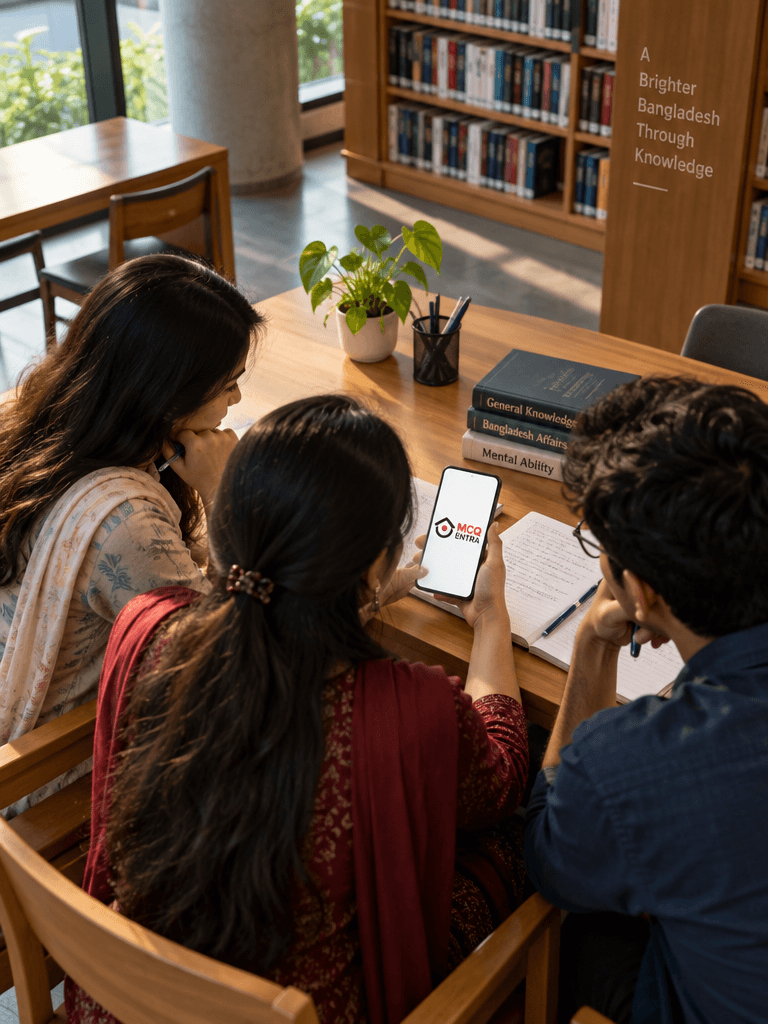 লাইব্রেরিতে একসাথে MCQ Entra অ্যাপে প্রস্তুতি নিচ্ছে তিন শিক্ষার্থী